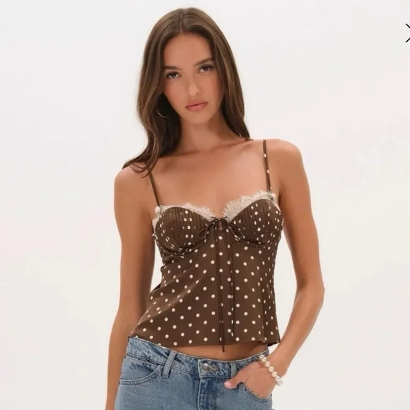 For Love And Lemons Babette Top Chocolate Polka Dot Camisole - Picture 1 of 3